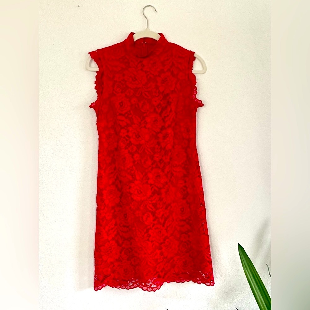 Red Nicole Miller high neck lace dress. Size 6.